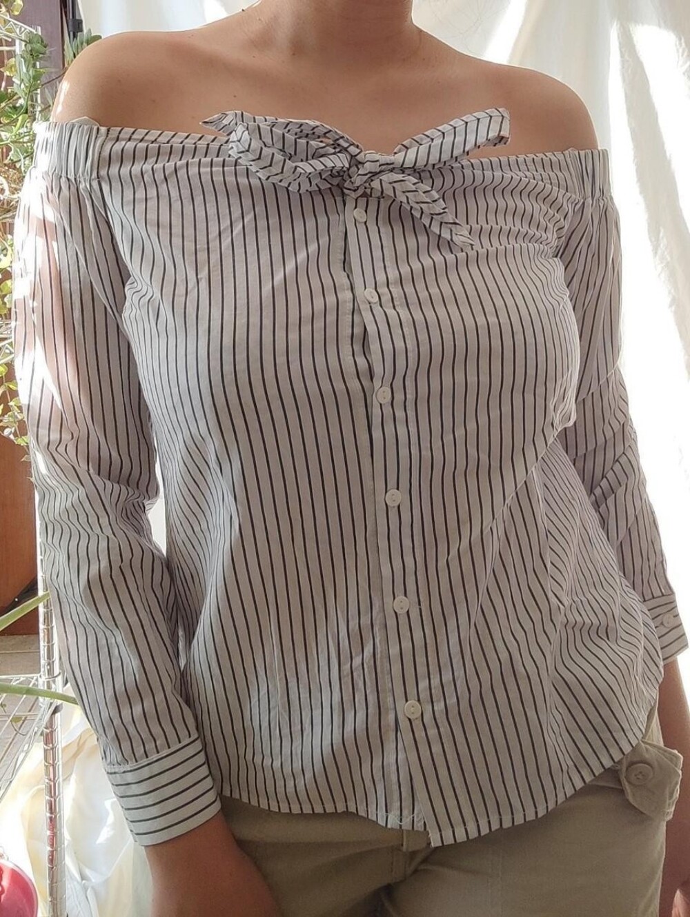 Bleuh Ciel Off The Shoulder Stripped Blouse